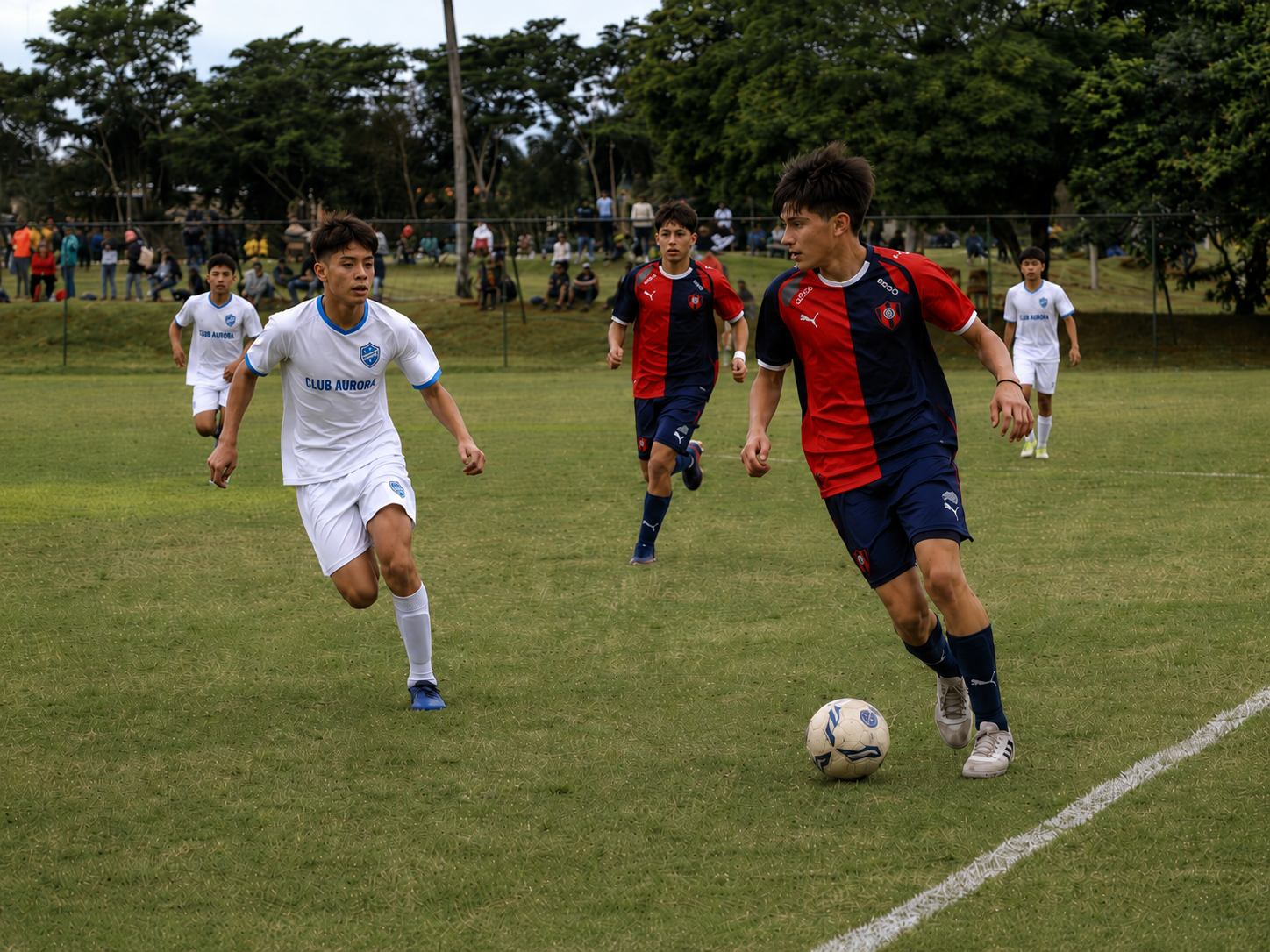 Jugadores juveniles disputando un partido en el Parque Azulgrana